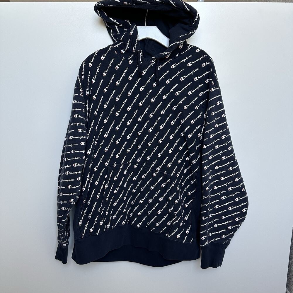 Champion Reverse Weave AOP Hoodie Black All Over Script Logo Pullover Men’s XL